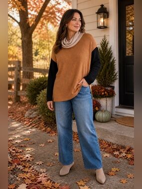 Women's Tan and Black Cowl Neck Sweater